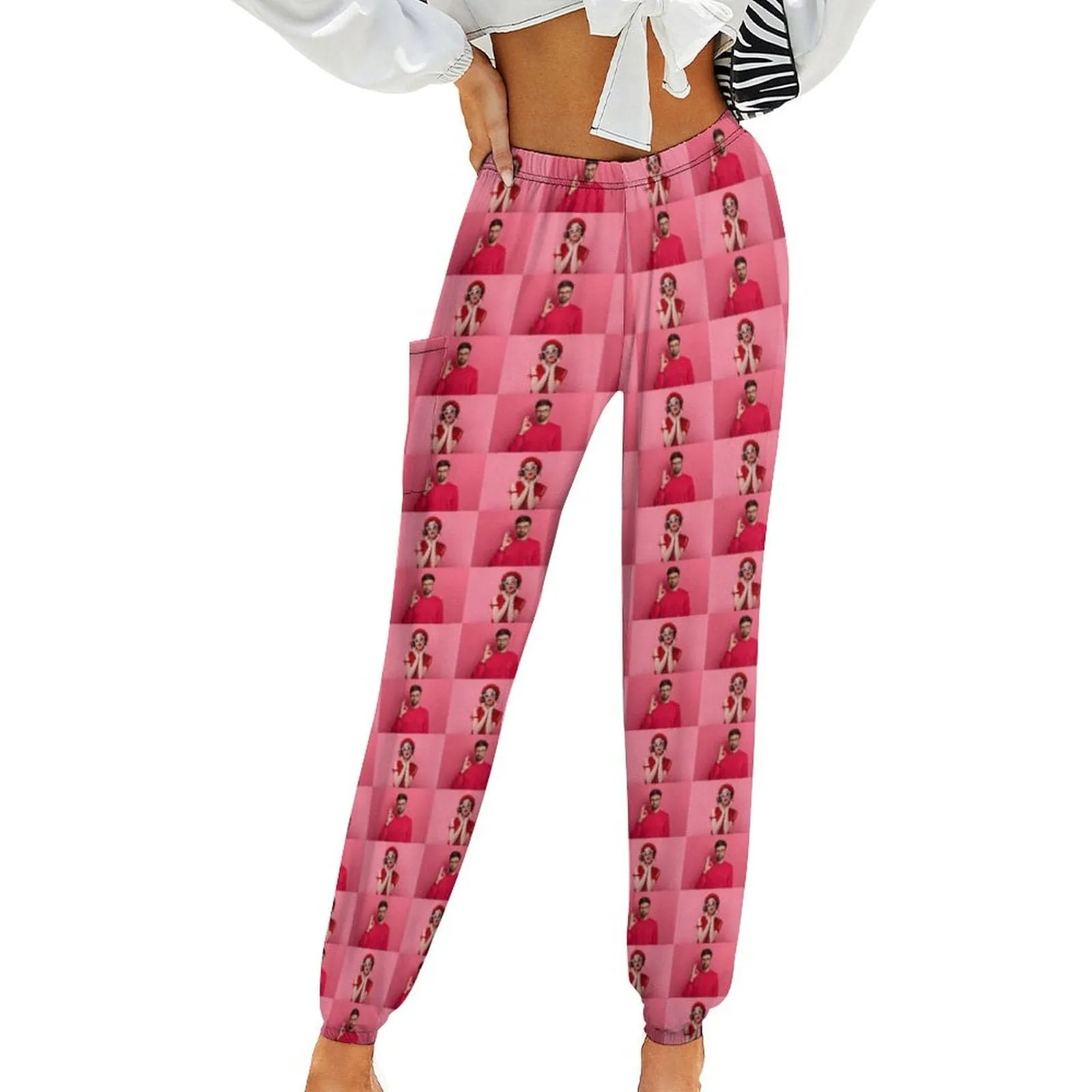 Custom Photo Couple Lattice Pink Women's Sport Pants Elastic Waist Jogger Casual Trousers With Pocket