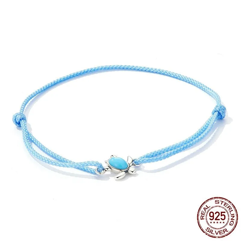 925 Sterling Silver Mini Turtle Braided Rope Adjustable Bracelet for Women