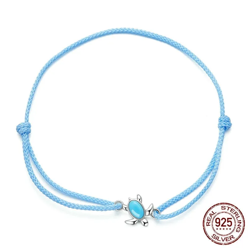 925 Sterling Silver Mini Turtle Braided Rope Adjustable Bracelet for Women