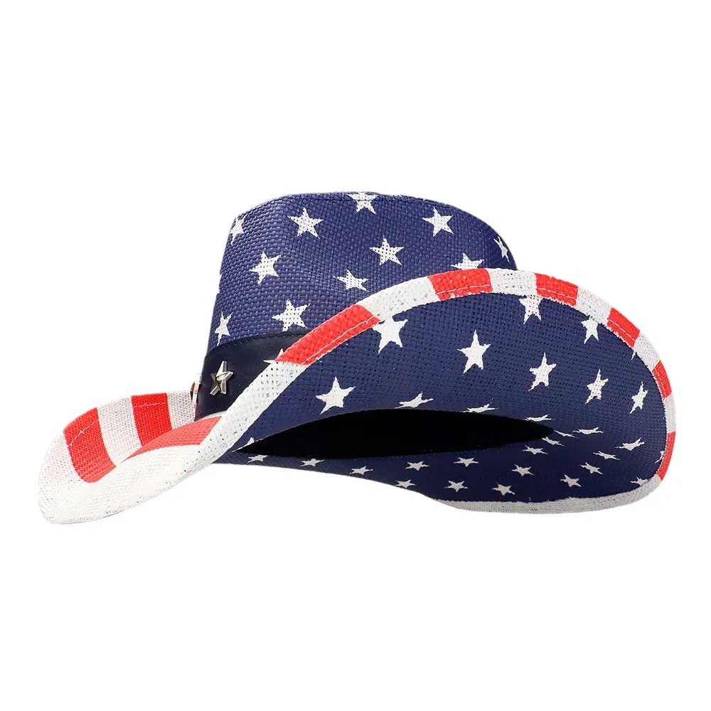 American Flag Star Stud Faux Leather Band Straw Cowboy Hat