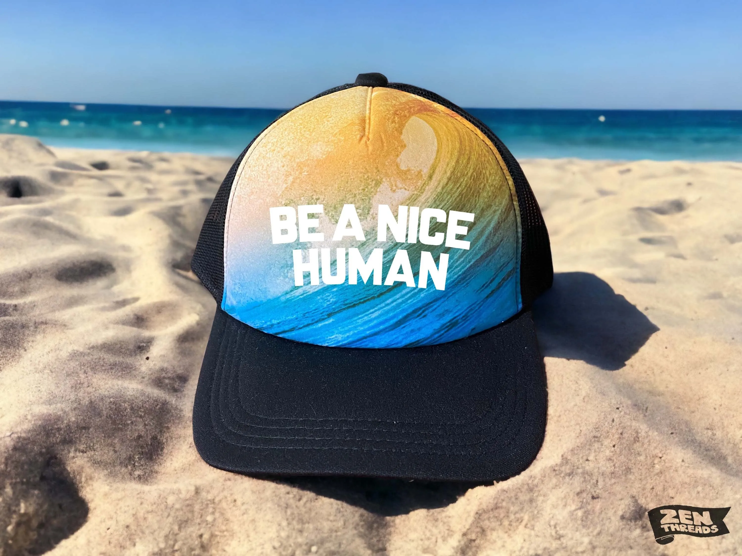 Be a Nice Human Wave Surf Trucker Hat - California Gift - Adjustable Snapback - Ships Free