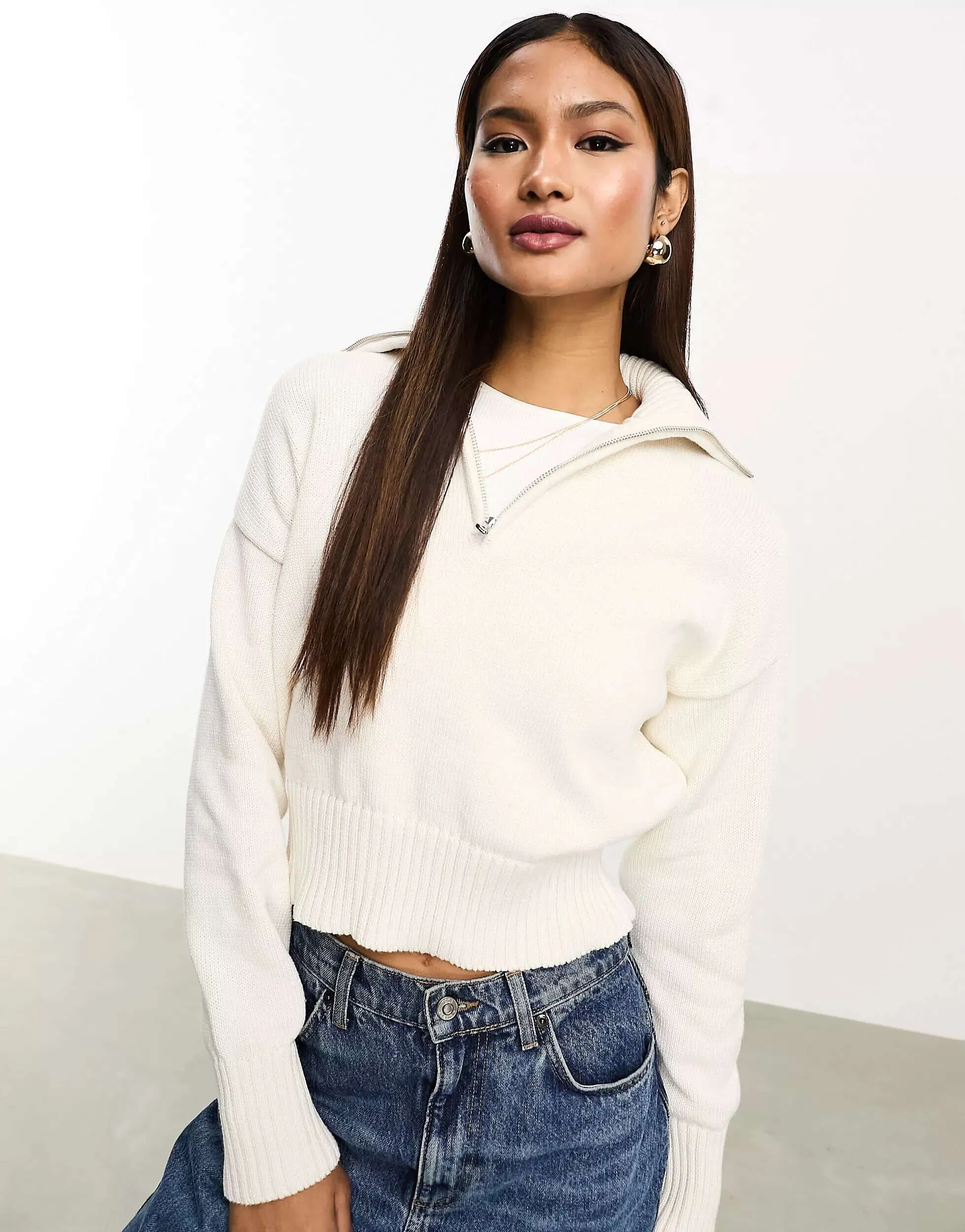 Bershka quarter zip jumper in ecru