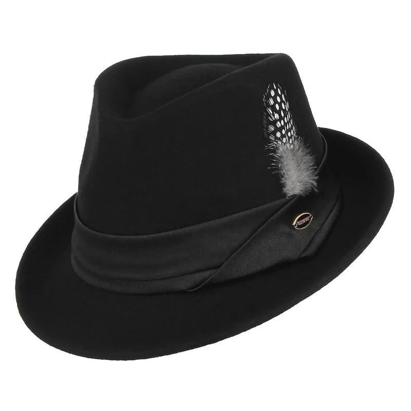 Black Wool Fedora Trilby Hat with White-spotted Black Feather in Hatband