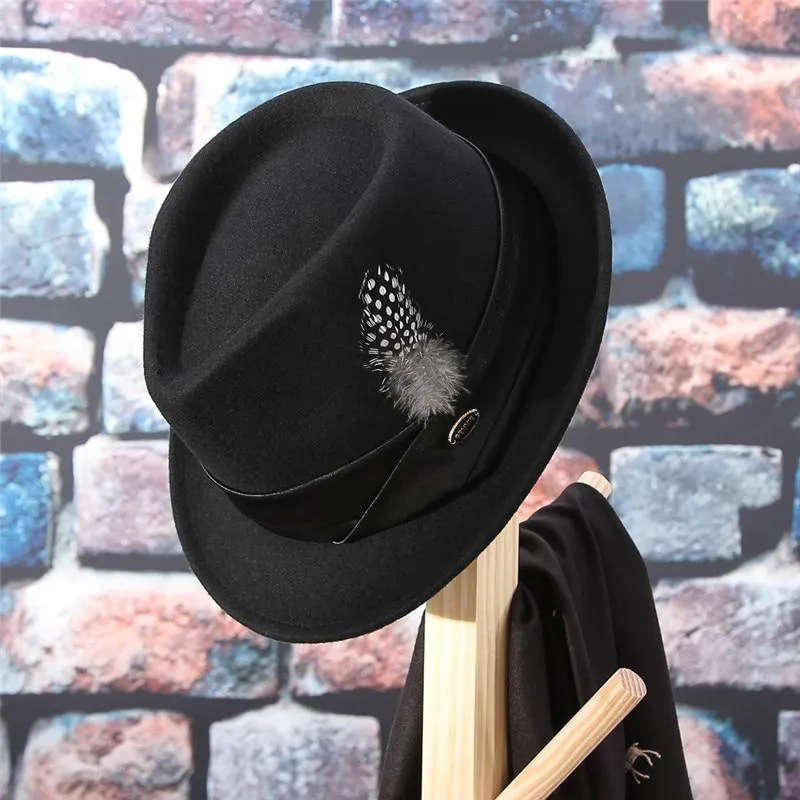 Black Wool Fedora Trilby Hat with White-spotted Black Feather in Hatband