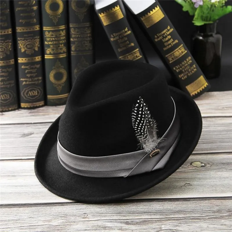 Black Wool Fedora Trilby Hat with White-spotted Black Feather in Hatband