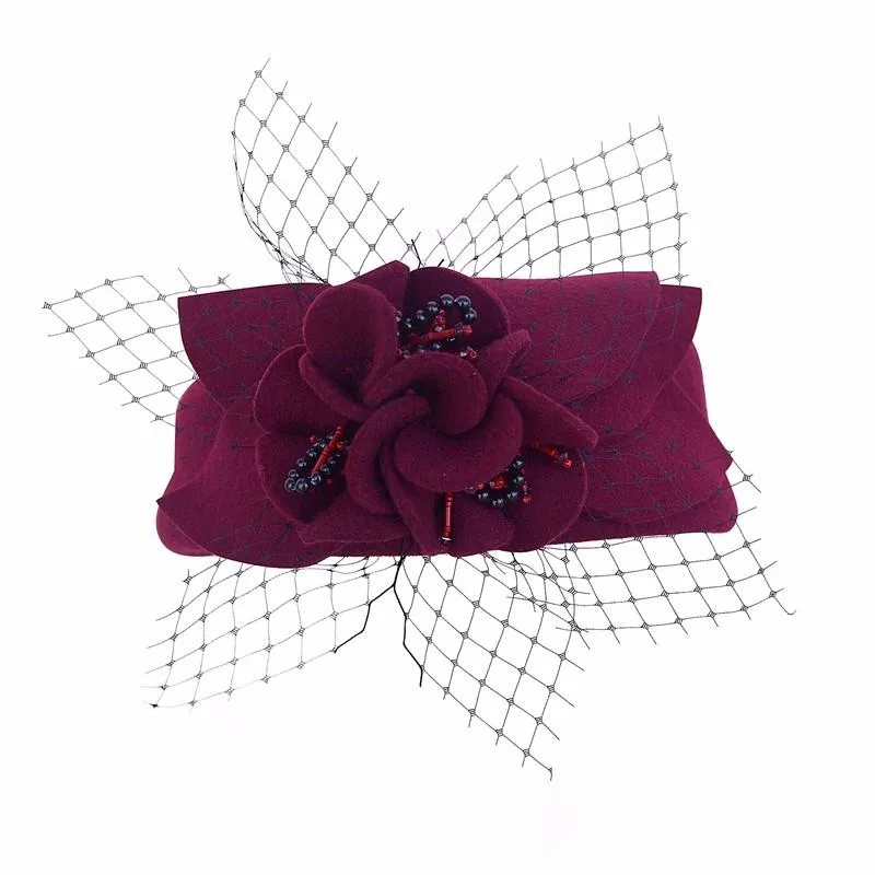 Flower Wool Pillbox Fascinator Hat with Netted Veil