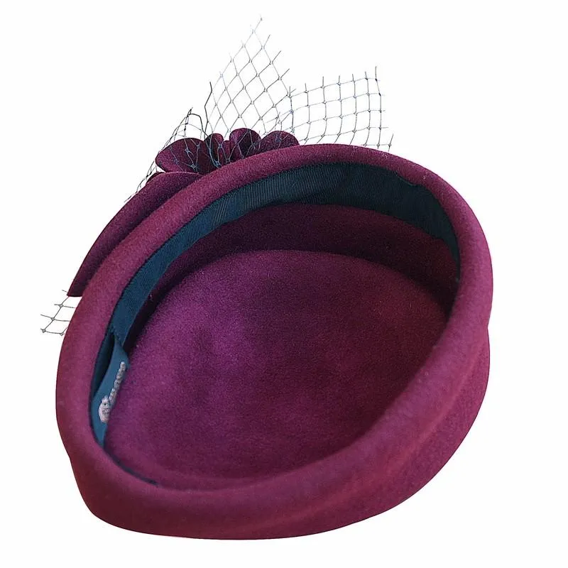 Flower Wool Pillbox Fascinator Hat with Netted Veil