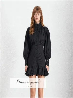 Isabel Dress - Casual Solid Lace Women Dress Stand Lantern Sleeve High Waist Button Mini Dress