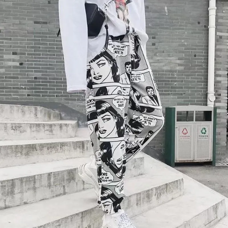 Stylish Cartoon Print Drawstring Elastic Waist Hip Hop Long Pants High Waist