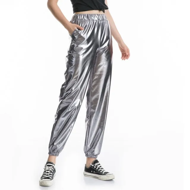 Women Shiny Holographic Pants Loose High Waist Metallic Trousers