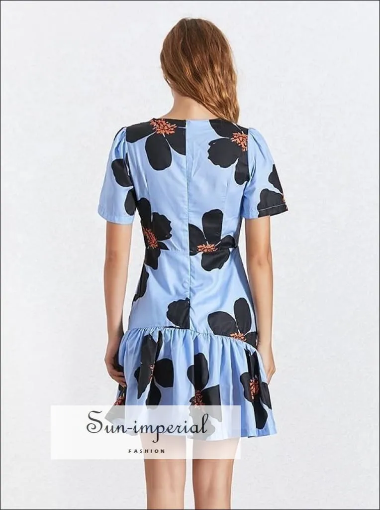 Maine Dress - Casual Flower Print Mini Dress for Women V Neck Short Sleeve High Waist Slim Mini