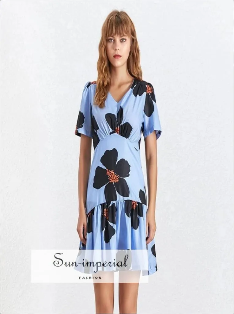 Maine Dress - Casual Flower Print Mini Dress for Women V Neck Short Sleeve High Waist Slim Mini