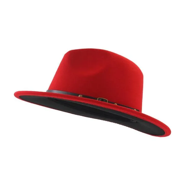 Patchwork Wool Felt Fedora Hat with Belt and Buckle