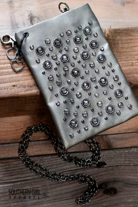 Silver Leatherette Mini Crossbody Bag with Rhinestone Embellishments and Chain Strap