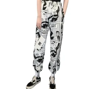 Stylish Cartoon Print Drawstring Elastic Waist Hip Hop Long Pants High Waist