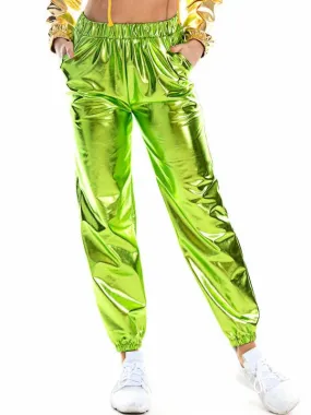 Women Shiny Holographic Pants Loose High Waist Metallic Trousers