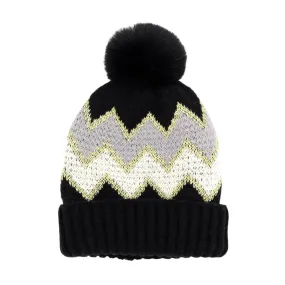 Zigzag Chevron Patterned Fuzzy Fleece Pom Pom Beanie Hat