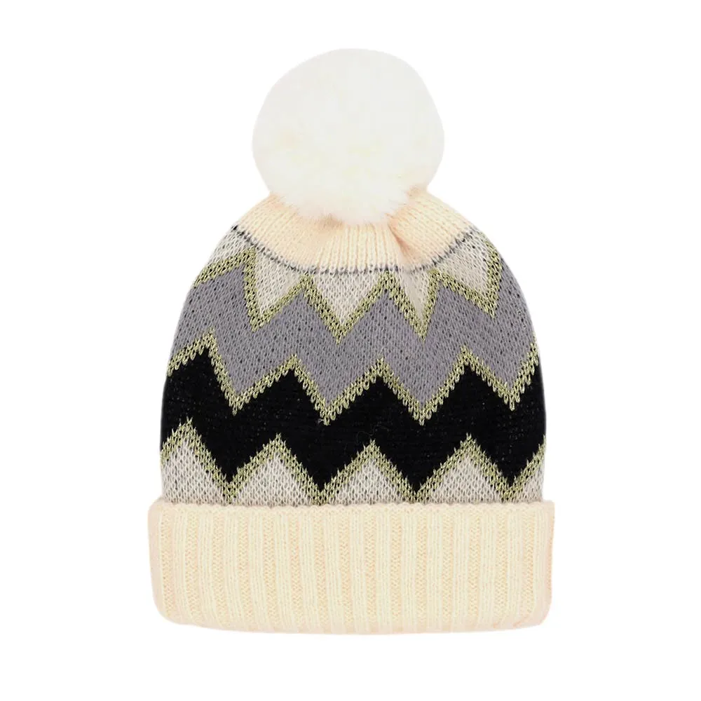 Zigzag Chevron Patterned Fuzzy Fleece Pom Pom Beanie Hat