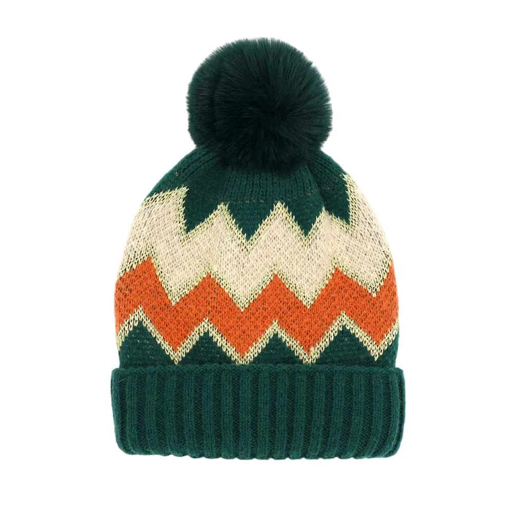 Zigzag Chevron Patterned Fuzzy Fleece Pom Pom Beanie Hat